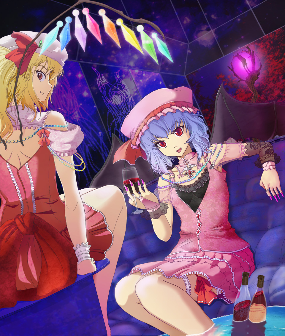 kanato, flandre scarlet, remilia scarlet, touhou, 2girls, artistic error, blonde hair, blue hair, cup, cupping glass, drink, drinking glass, female focus, hat, mob cap, multiple girls, ribbon, short hair, siblings, sisters, wine glass, wings