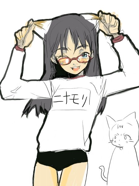 ninamori eri, flcl, silver hair, 00s, animal ears, blue eyes, blush, buruma, cat ears, cat tail, glasses, long hair, sweater, tail, wink
