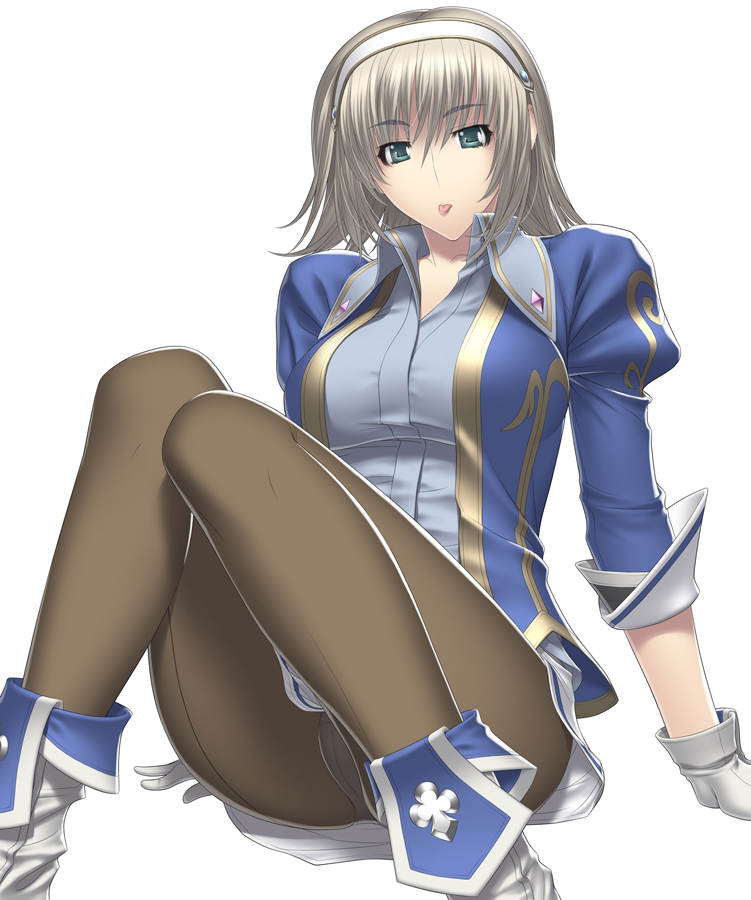 kansuke, cassandra alexandra, soul calibur, soulcalibur, soulcalibur iii, silver hair, 1girl, :p, female focus, gloves, green eyes, hairband, headband, pantyhose, short hair, sitting, solo, tongue, tongue out