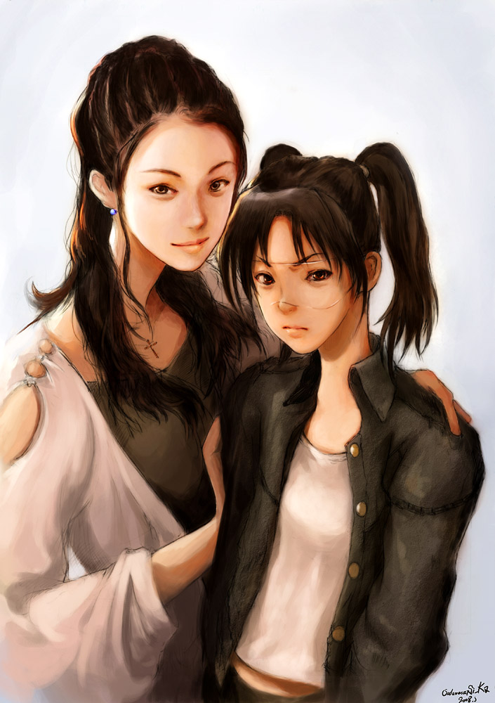 shiika sadamasa, amasawa yuuko, kuwashima houko, dennou coil, real life, 00s, 2girls, brown eyes, brown hair, glasses, jacket, multiple girls, twintails, voice actor