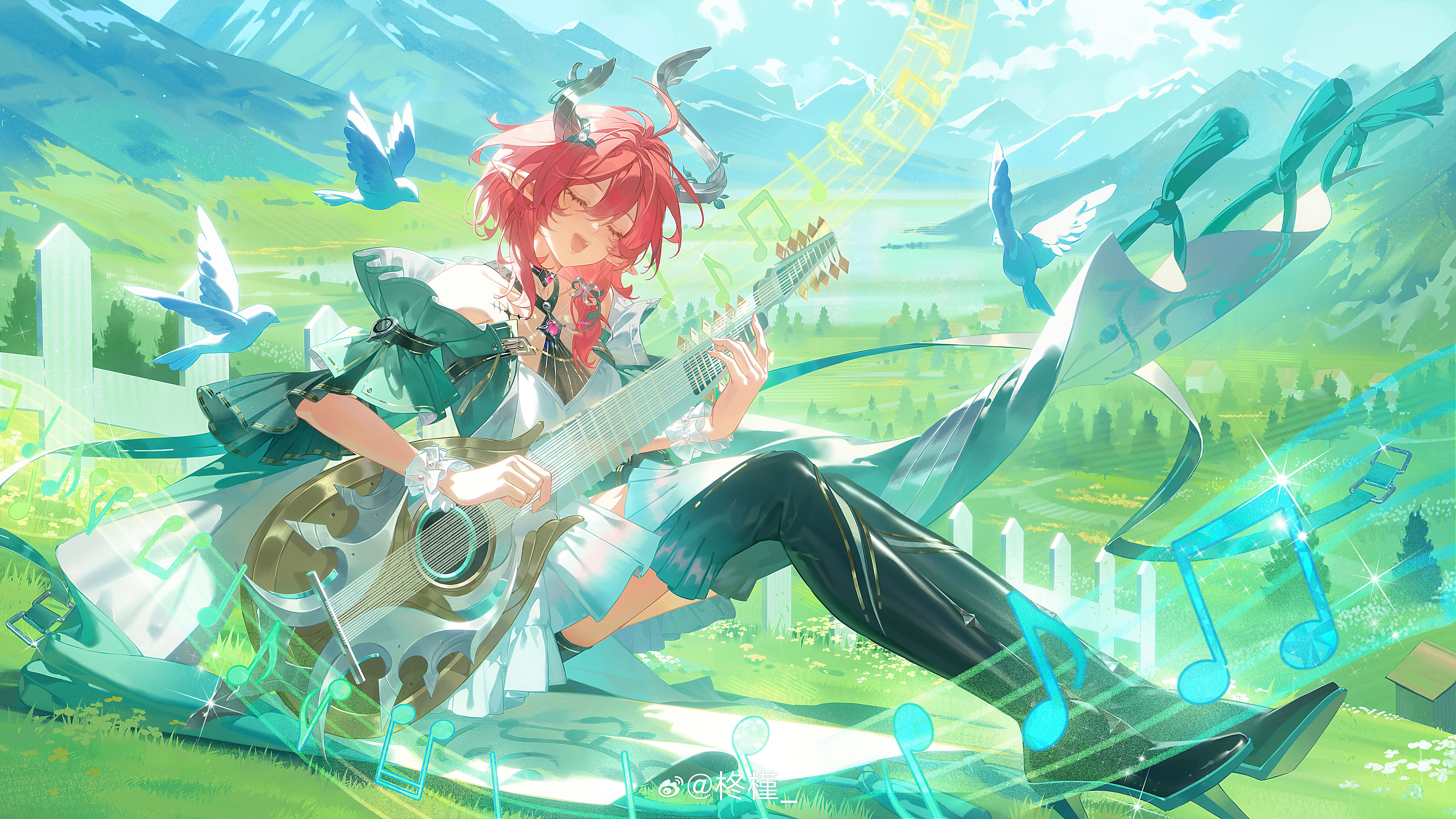 zhongjin, ciaccona (wuthering waves), wuthering waves, absurdres, highres, 1girl, bare shoulders, beamed eighth notes, bird, boots, breasts, closed eyes, dress, green boots, green jacket, hair between eyes, high heel boots, high heels, instrument, jacket, knees up, medium breasts, missing commentary, mountainous horizon, music, musical note, open mouth, outdoors, playing instrument, pointy ears, red hair, sidelocks, sitting, smile, solo, tacet mark (wuthering waves), thigh boots, thighs, tree horns, white bird, white dress