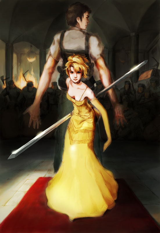 shiika sadamasa, alice l. malvin, randal orlando, pumpkin scissors, bad id, bad pixiv id, 00s, 1boy, 1girl, bare shoulders, blonde hair, bob cut, double blade, downblouse, dress, elbow gloves, gloves, short hair, sword, weapon, yellow dress