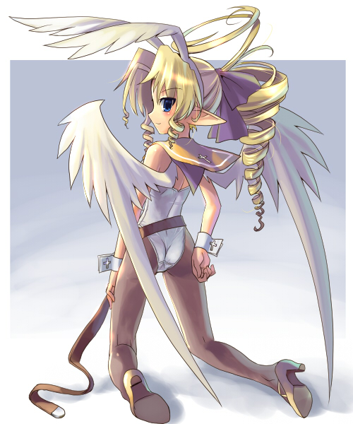 katahira masashi, original, animal ears, ass, back, belt, blonde hair, blue eyes, cuffs, drill hair, fake animal ears, full body, hair ribbon, head wings, high heels, kneeling, leotard, long hair, looking back, pantyhose, playboy bunny, pointy ears, rabbit ears, ribbon, shoes, solo, wings, wrist cuffs