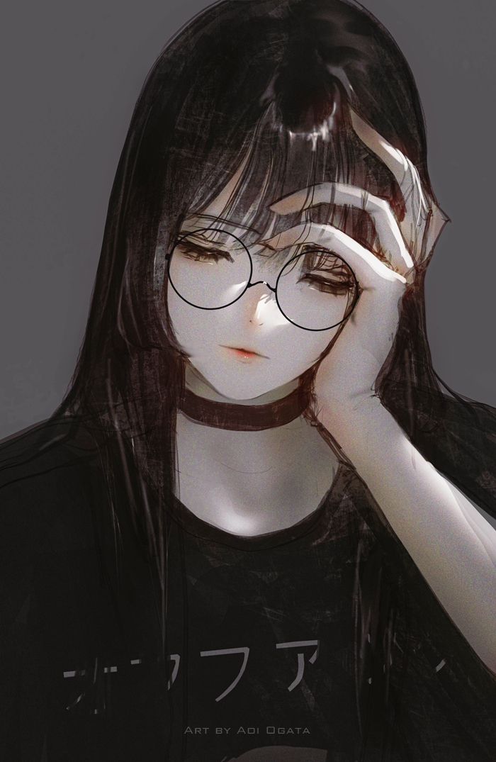 aoi ogata, original, clip studio paint (medium), commentary, english commentary, translation request, 1girl, artist name, black-framed eyewear, black choker, black hair, black shirt, choker, closed eyes, closed mouth, clothes writing, facing viewer, glasses, grey background, hand up, hate-chan, long hair, red lips, romaji commentary, round eyewear, shirt, simple background, solo, upper body, watermark
