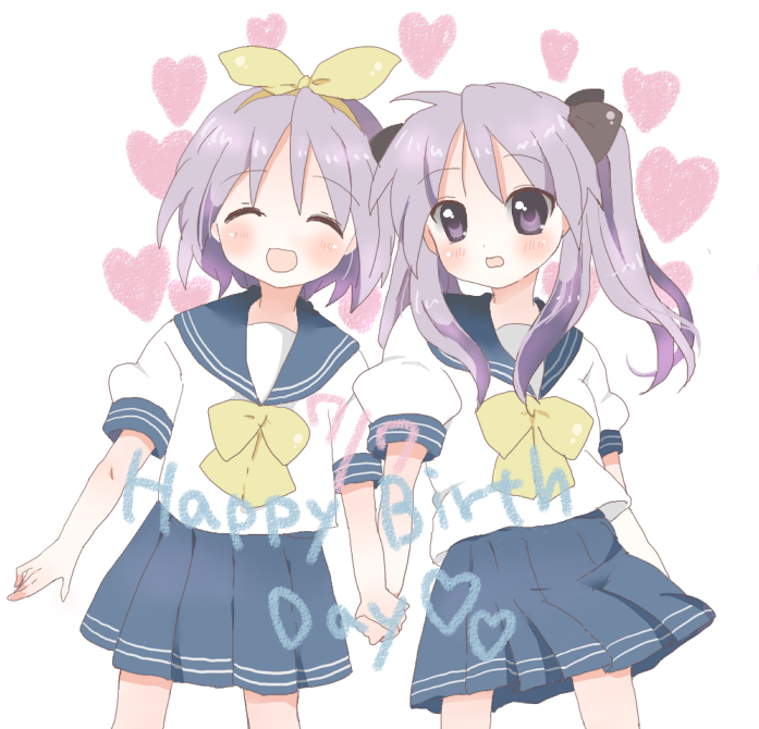 itsuka, hiiragi kagami, hiiragi tsukasa, lucky star, bad id, bad pixiv id, 00s, blush, closed eyes, hair ribbon, happy, heart, holding hands, purple eyes, purple hair, ribbon, school uniform, serafuku, short hair, siblings, sisters, twintails