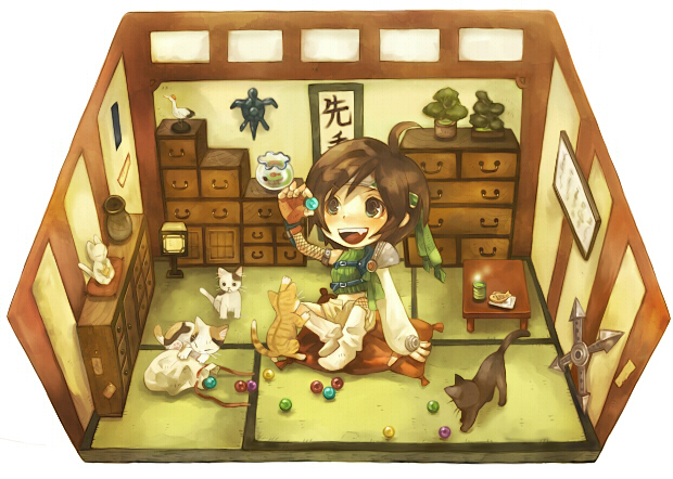 haruka (pixiv133325), sui (petit comet), yuffie kisaragi, final fantasy, final fantasy vii, bad id, bad pixiv id, 1990s (style), 1girl, armor, brown eyes, brown hair, cat, chibi, female focus, hanging scroll, headband, indoors, materia, midriff, retro artstyle, scroll, short hair, shorts, shuriken, sleeveless, sleeveless turtleneck, solo, tatami, turtleneck, weapon, wutai