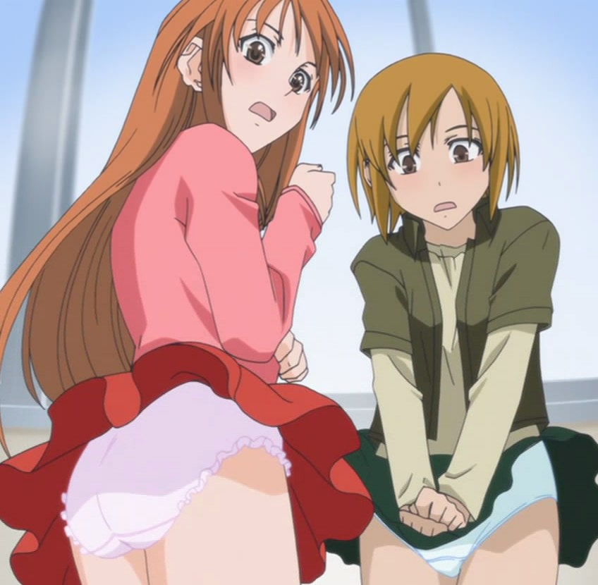 asano yuuki, koizumi chika, kyou no go no ni, interior, anime screenshot, 00s, 2girls, animal hood, ass, brown eyes, brown hair, clothes lift, covering crotch, covering privates, embarrassed, frilled panties, frills, green panties, hood, long hair, looking back, multiple girls, open mouth, panties, pantyshot, pink panties, short hair, skirt, skirt flip, skirt lift, underwear, wind, wind lift