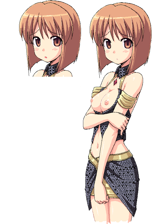 takayaki, hagiwara yukiho, idolmaster, idolmaster (classic), idolmaster 1, 00s, 1girl, bare shoulders, blush, bob cut, breasts, breasts out, brown eyes, brown hair, cool & sexy (idolmaster), halterneck, midriff, nipples, oekaki, short hair, skirt