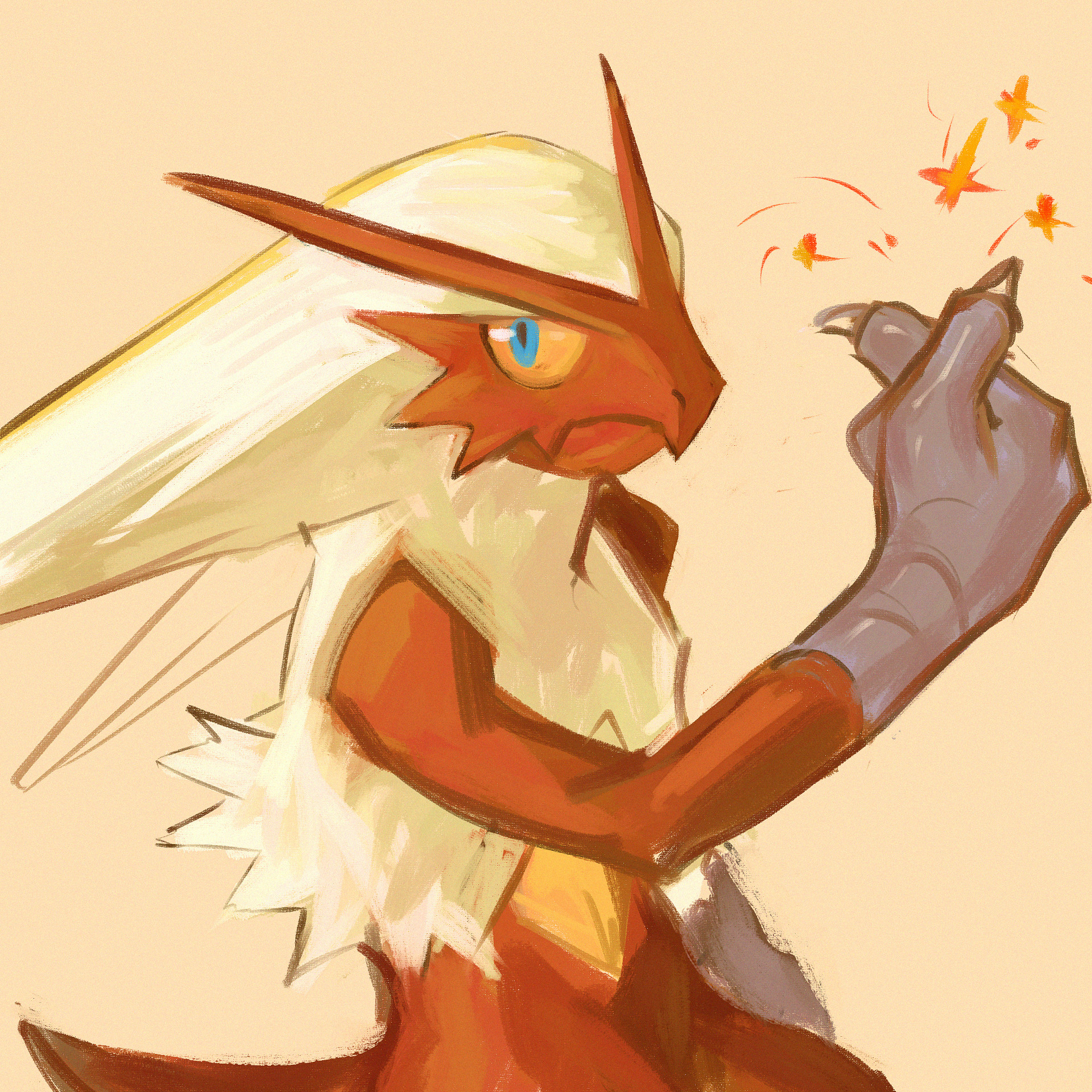go-lurk, blaziken, nintendo, pokemon, commentary, highres, blue eyes, claws, closed mouth, colored sclera, gen 3 pokemon, hand up, horns, looking at viewer, pokemon (creature), pokemon focus, simple background, solo, yellow sclera