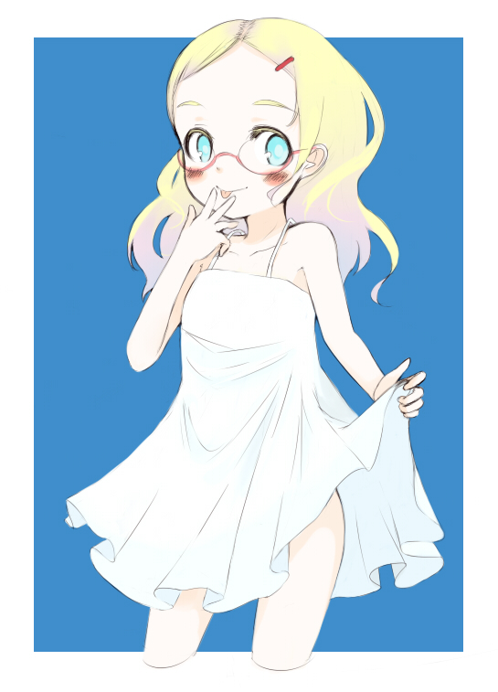 oza watto, original, 1girl, :p, aqua eyes, blonde hair, blush, dress, female focus, glasses, hair ornament, hairclip, simple background, solo, tongue, tongue out