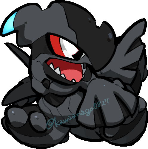 kawaanago, zekrom, nintendo, pokemon, commentary request, lowres, animal focus, bright pupils, chibi, chibi only, colored sclera, full body, gen 5 pokemon, legendary pokemon, lower teeth only, no humans, open mouth, pokemon (creature), pokemon focus, red sclera, sharp teeth, solo, teeth, transparent background, twitter username, white pupils