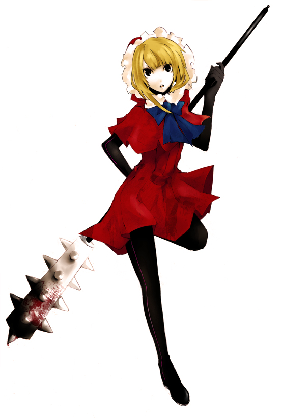 arisaka ako, bad id, bad pixiv id, black eyes, blonde hair, blood, club (weapon), dress, frills, hat, hood, pantyhose, ribbon, solo, weapon