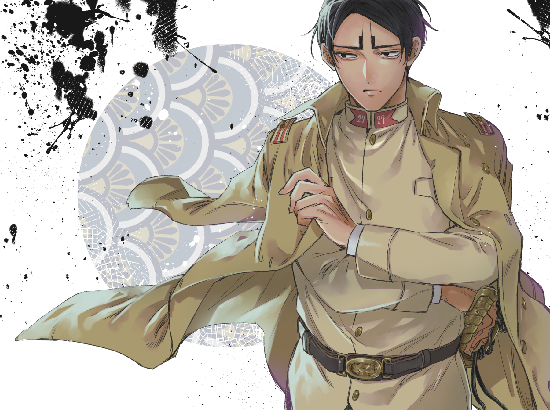 koito otonoshin, golden kamuy, commentary request, highres, 1boy, bags under eyes, belt, black eyes, black hair, brown jacket, closed mouth, h3110n, jacket, jacket on shoulders, long sleeves, looking to the side, male focus, military uniform, short hair, solo, splatter, sword, weapon