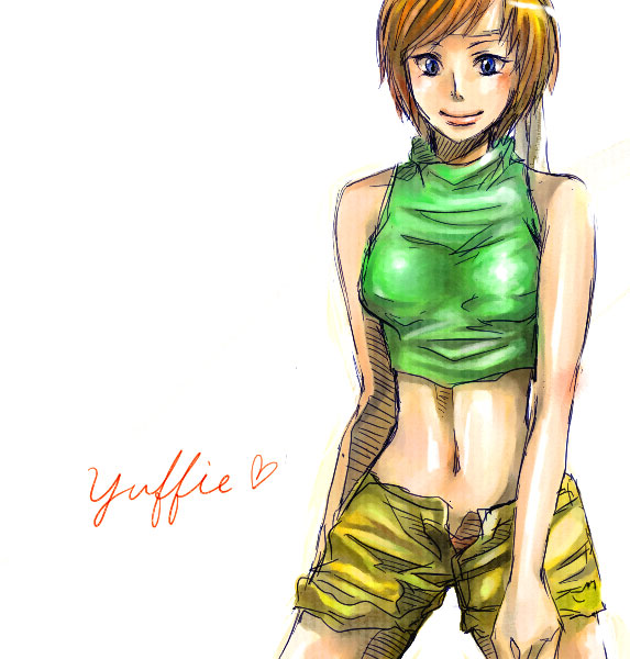 mamiya (pixiv179959), yuffie kisaragi, final fantasy, final fantasy vii, 1990s (style), 1girl, bare shoulders, blue eyes, brown hair, character name, female focus, headband, midriff, open fly, retro artstyle, short hair, shorts, sleeveless, sleeveless turtleneck, smile, solo, turtleneck, unzipped
