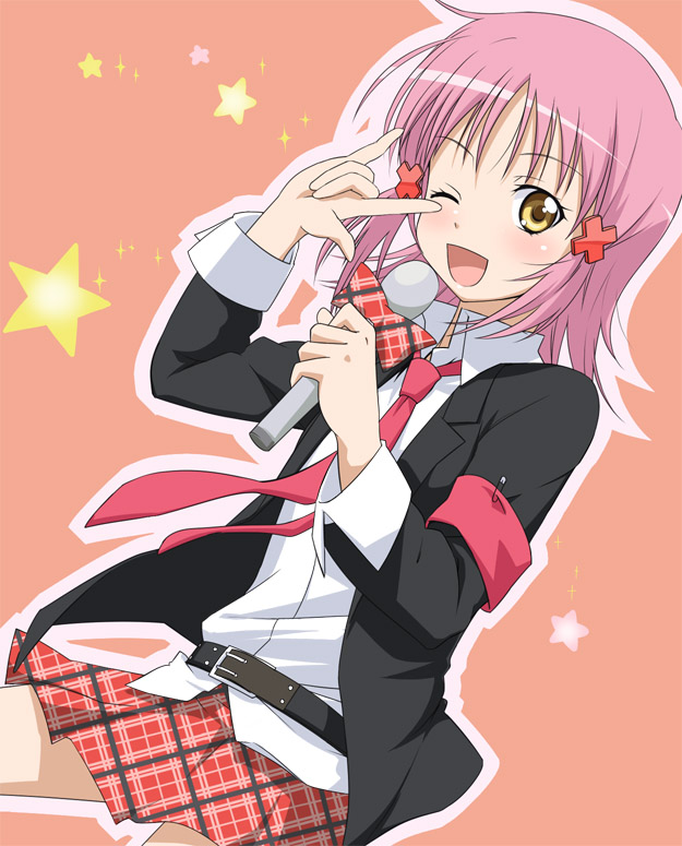 youkan, hinamori amu, shugo chara!, 1girl, ;d, armband, belt, blazer, blush, bow, dress shirt, dutch angle, female focus, hair ornament, holding, jacket, long sleeves, looking at viewer, m/, microphone, miniskirt, necktie, one eye closed, open mouth, orange background, outline, pink hair, plaid clothes, plaid skirt, safety pin, school uniform, serafuku, shirt, skirt, smile, solo, star (symbol), wink, yellow eyes