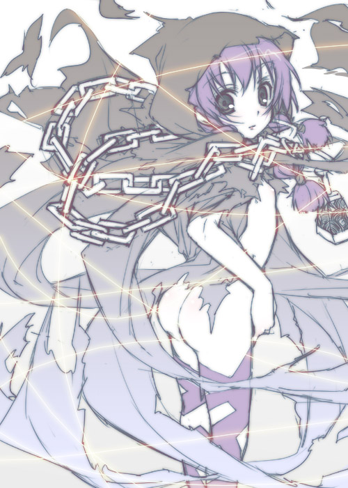 mizuki makoto, curse maker, curse maker 2, atlus, etrian odyssey, ass, black eyes, chain, flat chest, hood, loli, nipples, no panties, nude, purple hair, solo