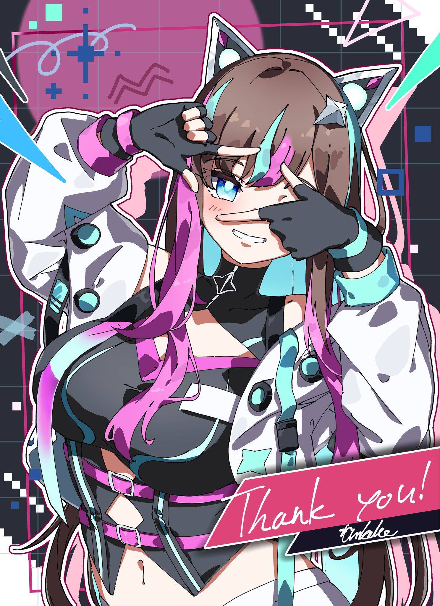 ankaketomato, aishii ai, highres, animal ears, aqua eyes, aqua hair, black background, breasts, brown hair, cat ears, coat, english text, fake animal ears, finger frame, fingerless gloves, gloves, hair ornament, hair streaks, hairpin, large breasts, long hair, looking at viewer, multicolored hair, navel, pink hair, pixels, smile, virtual youtuber, white coat