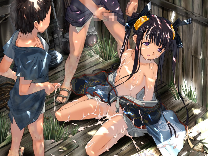 orion, oda kou, alice soft, rance (series), sengoku rance, game cg, 1girl, 2boys, after rape, aftersex, black hair, breasts, brown hair, bukkake, bullying, censored, cum, cum in pussy, cum on body, cum on breasts, cum on hair, cum on upper body, facial, flat chest, grabbing another's hair, group sex, holding another's hair, japanese clothes, kimono, loli, long hair, male masturbation, masturbation, mmf threesome, mosaic censoring, multiple boys, nipples, no panties, open clothes, penis, princess, purple eyes, rape, sex, shota, small breasts, solo focus, threesome, topless female