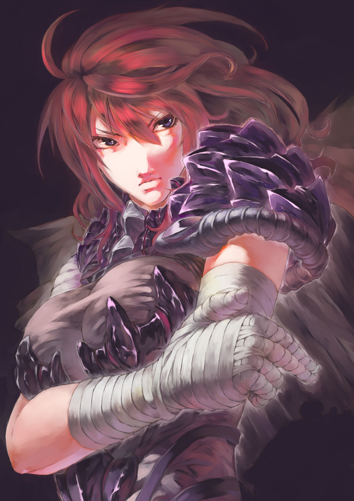 karu pon, karube ponzu, original, bad id, bad pixiv id, 1girl, armor, bandages, blue eyes, female focus, long hair, red hair, solo