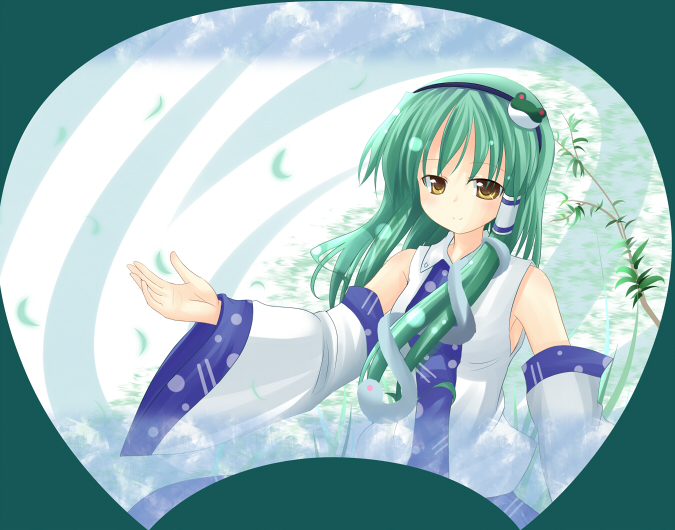 makino (ukiuo), kochiya sanae, touhou, 1girl, brown hair, cowboy shot, detached sleeves, female focus, frog hair ornament, green hair, hair ornament, hair tubes, long hair, long sleeves, looking at viewer, nontraditional miko, snake hair ornament, solo, uchiwa (medium), vest