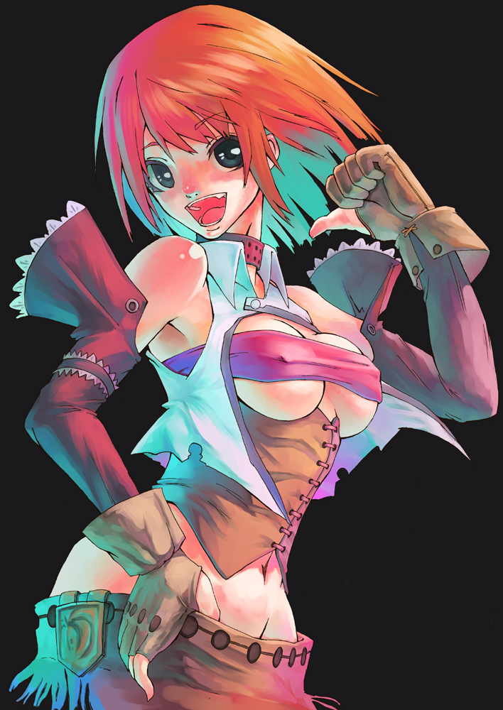 karu pon, karube ponzu, bad id, bad pixiv id, 1girl, breasts, clothes pull, collar, corset, covered erect nipples, detached sleeves, female focus, gloves, large breasts, red hair, skirt, skirt pull, solo, underboob