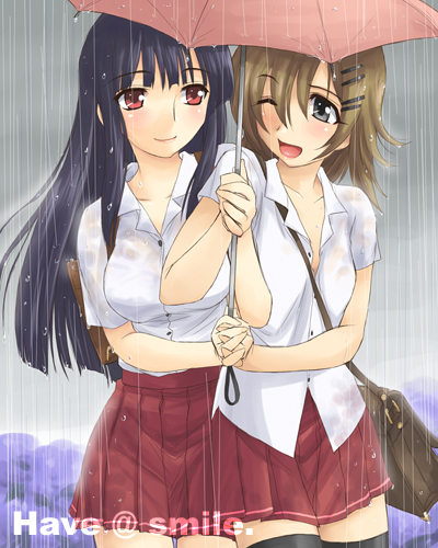higashiyama hayato, isao higashiyama, original, lowres, 2girls, ai ai gasa, holding hands, multiple girls, school uniform, serafuku, shared umbrella, thighhighs, umbrella, watermark, wet, wet clothes