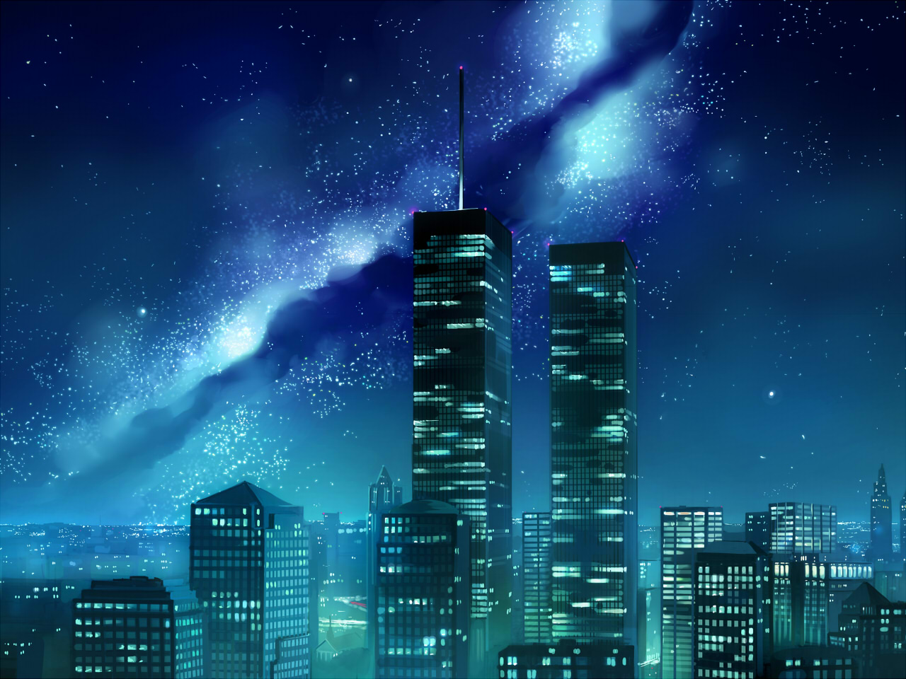 seo tatsuya, original, cityscape, new york city, night, night sky, no humans, scenery, sky, world trade center