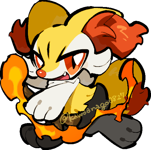kawaanago, braixen, nintendo, pokemon, commentary request, lowres, animal ear fluff, chibi, chibi only, fang, fire, full body, gen 6 pokemon, holding, holding stick, open mouth, orange eyes, pokemon (creature), pokemon focus, smile, solo, stick, transparent background, twitter username