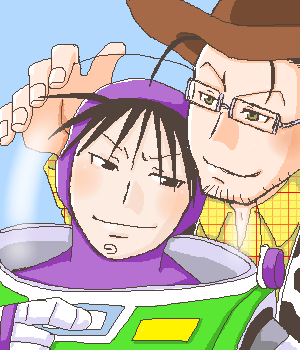 buzz lightyear, maes hughes, roy mustang, sheriff woody, disney, fullmetal alchemist, toy story, artist request, lowres, source request, 2boys, cosplay, cowboy, cowboy hat, cowboy western, crossover, glasses, hat, male focus, multiple boys, oekaki, parody, what