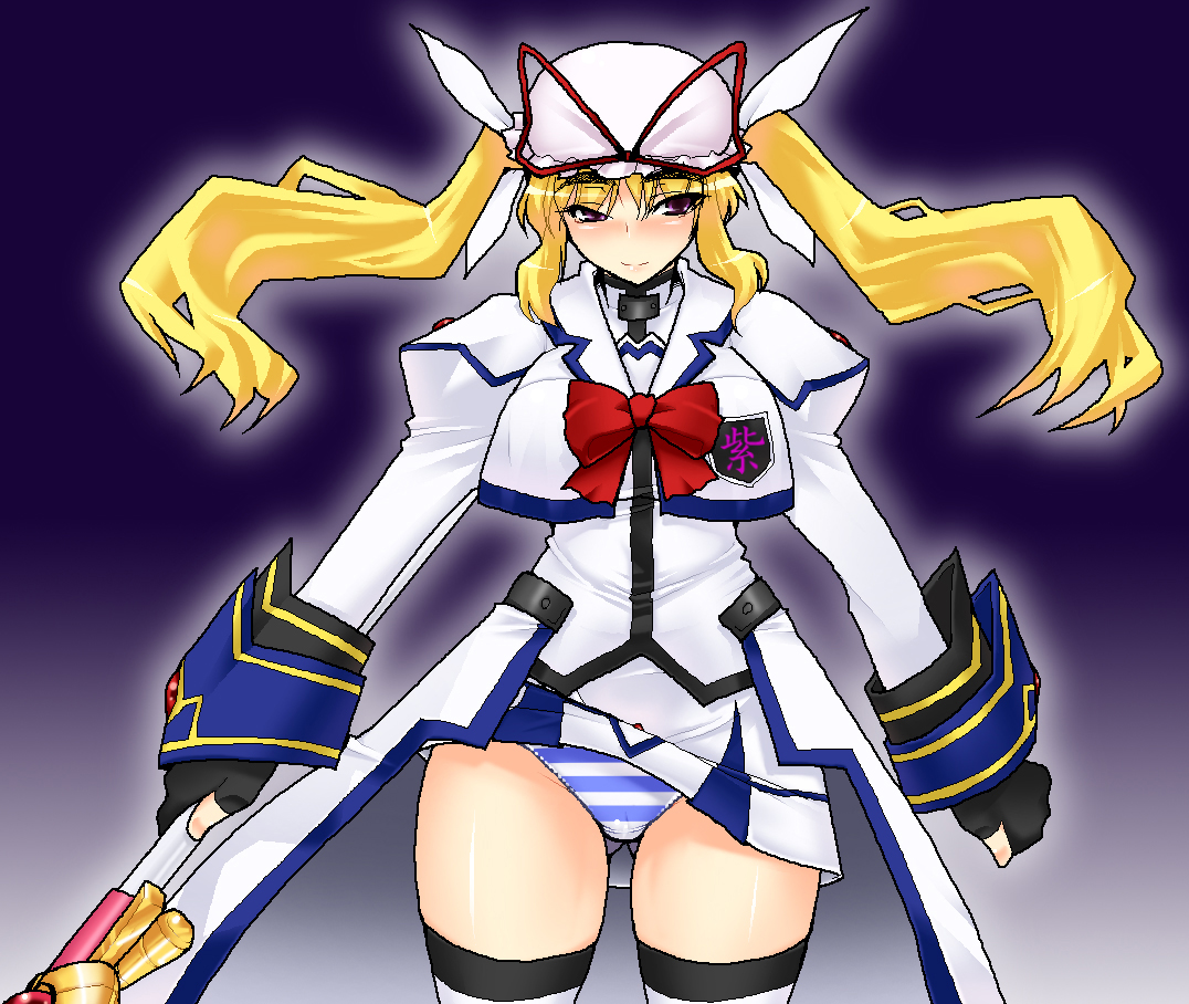 namidame, raising heart, raising heart (accel mode), takamachi nanoha, takamachi nanoha (aggressor mode), yakumo yukari, lyrical nanoha, mahou shoujo lyrical nanoha, mahou shoujo lyrical nanoha strikers, touhou, translation request, 1girl, cosplay, female focus, panties, solo, striped clothes, striped panties, takamachi nanoha (cosplay), twintails, underwear