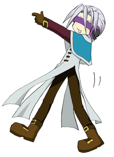 mao (code geass), code geass, lucky star, silver hair, 1boy, ankle boots, blindfold, boots, brown boots, brown gloves, colored blindfold, full body, gloves, headphones, male focus, motion lines, parody, pointing, simple background, solo, walking, white background