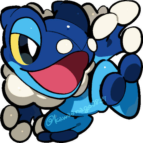 kawaanago, frogadier, nintendo, pokemon, commentary request, lowres, black eyes, bright pupils, chibi, chibi only, colored sclera, full body, gen 6 pokemon, no humans, open mouth, pokemon (creature), pokemon focus, solo, standing, standing on one leg, transparent background, twitter username, white pupils, yellow sclera