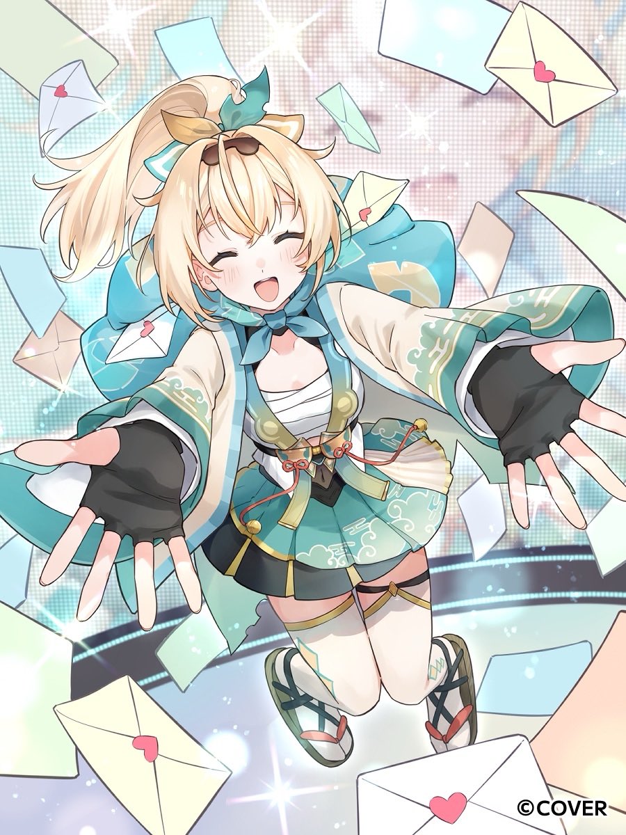 yumenosippo, kazama iroha, kazama iroha (1st costume), hololive, commentary request, highres, official art, 1girl, black gloves, blonde hair, breasts, chest sarashi, copyright logo, covered navel, fingerless gloves, full body, gloves, hair intakes, japanese clothes, knees together feet apart, letter, love letter, medium breasts, miniskirt, open mouth, pleated skirt, ponytail, reaching, reaching towards viewer, sandals, sarashi, skirt, smile, solo, thighhighs, virtual youtuber, white thighhighs