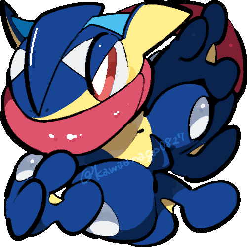 kawaanago, greninja, nintendo, pokemon, commentary request, lowres, bright pupils, chibi, chibi only, full body, gen 6 pokemon, long tongue, nostrils, pink eyes, pokemon (creature), pokemon focus, solo, tongue, transparent background, twitter username, very long tongue, white pupils