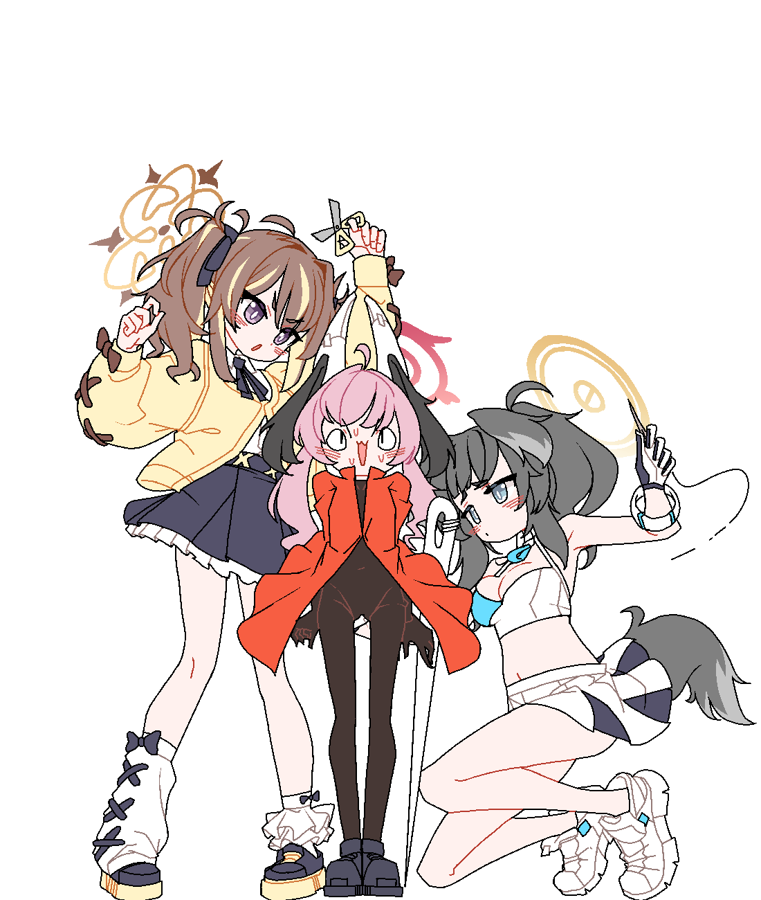 dthmns, hibiki (blue archive), hibiki (cheer squad) (blue archive), hornet (hollow knight), koharu (blue archive), rena (blue archive), blue archive, hollow knight, highres, animal ears, arm up, black hair, black wings, blonde hair, blue eyes, blue skirt, breasts, brown hair, cheerleader, cosplay, dog ears, dog girl, dog tail, halo, head wings, holding, holding scissors, holding sewing needle, hornet (hollow knight) (cosplay), jacket, long hair, long sleeves, looking at another, medium breasts, multicolored hair, open mouth, pink hair, purple eyes, red halo, scissors, simple background, skirt, standing, streaked hair, tail, twintails, white background, white skirt, wings, yellow halo, yellow jacket