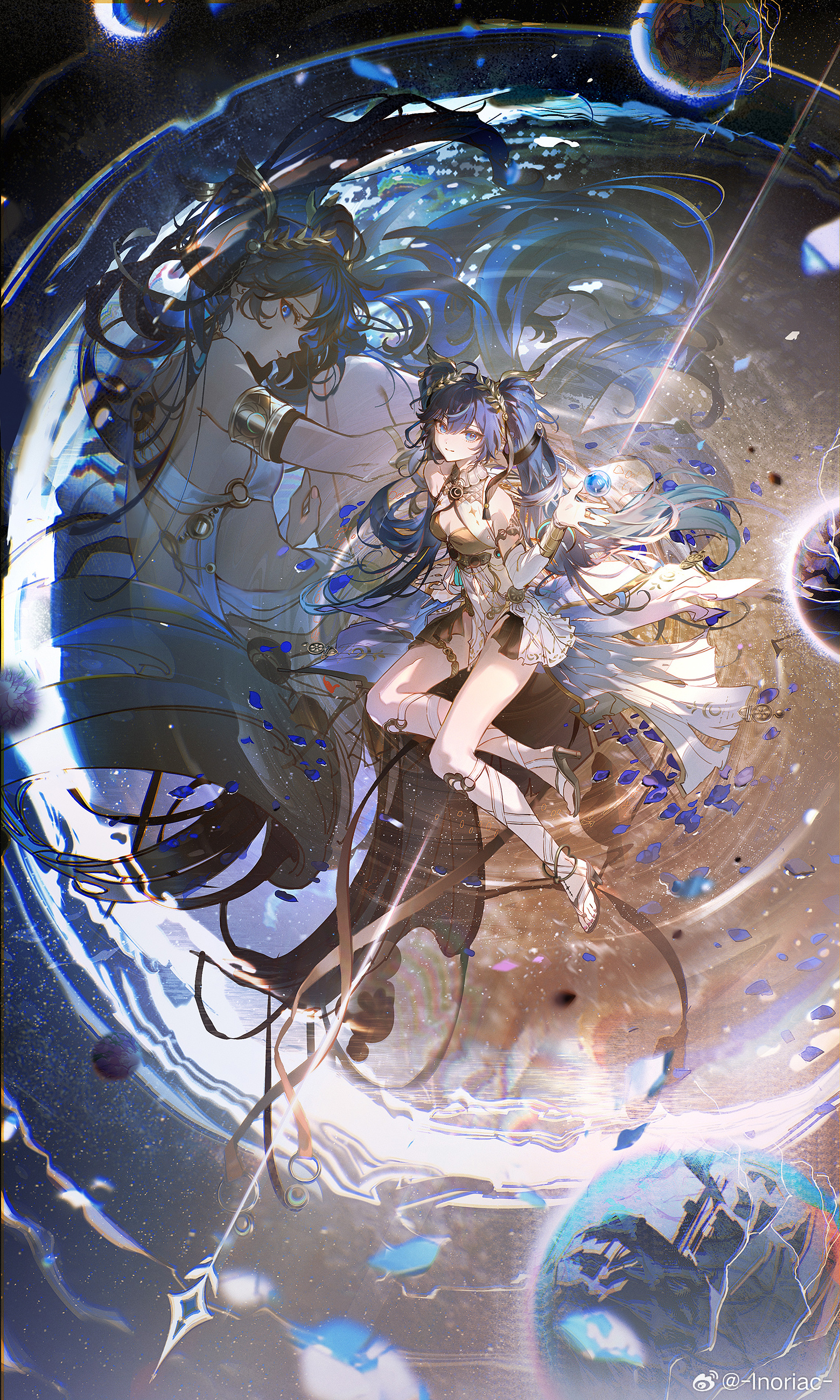bai qi-qsr, iuno (wuthering waves), wuthering waves, absurdres, highres, 1girl, ahoge, ancient greek clothes, armlet, black skirt, blue eyes, blue hair, blue petals, breasts, cleavage, closed mouth, different reflection, gladiator sandals, gold bra, greco-roman clothes, hair belt, hand up, head wreath, jewelry, long hair, looking at viewer, medium breasts, miniskirt, orb, reflection, ripples, sandals, showgirl skirt, sitting, skirt, smile, solo, thighlet, thighs, twintails, very long hair, water, yokozuwari