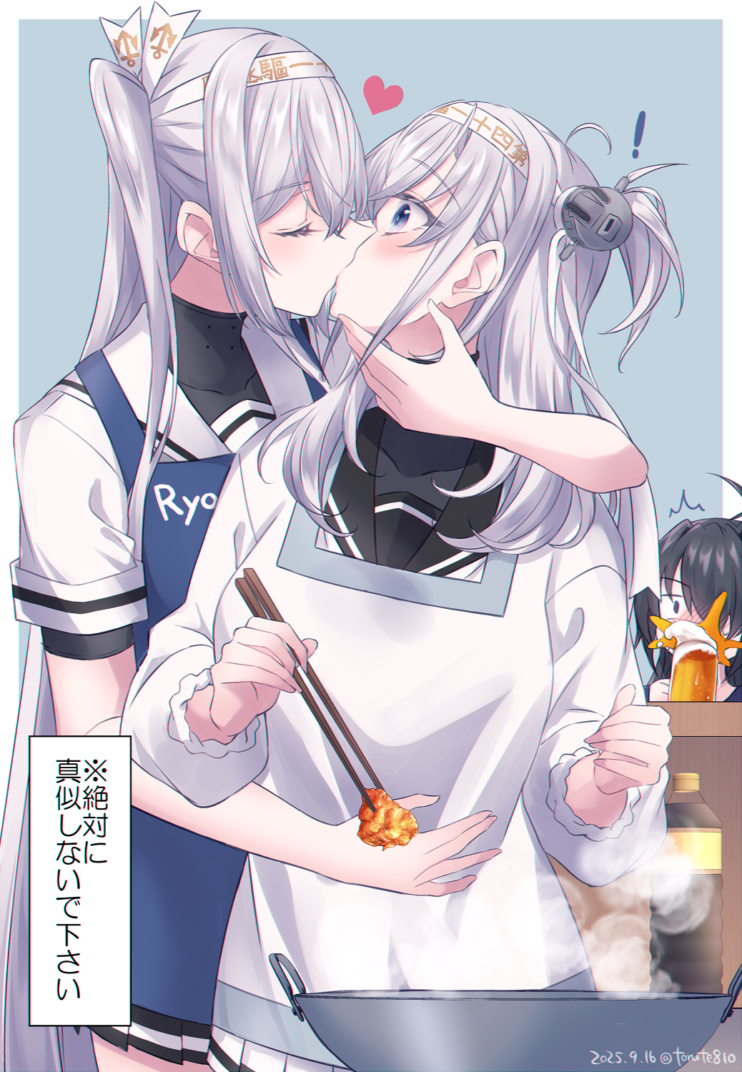 kabocha torute, fuyutsuki (kancolle), kako (kancolle), suzutsuki (kancolle), kantai collection, commentary request, highres, translation request, !, 3girls, alcohol, anchor symbol, apron, beer, beer mug, black hair, black sailor collar, black skirt, blue apron, blush, bottle, chopsticks, closed eyes, cooking, cup, dated, foam, food, grey hair, hachimaki, hair between eyes, hair over one eye, headband, heart, holding, holding chopsticks, holding cup, kappougi, kiss, long sleeves, mug, multiple girls, one side up, pleated skirt, sailor collar, school uniform, serafuku, short sleeves, skirt, steam, twitter username, white headband, white sailor collar, white skirt, yuri