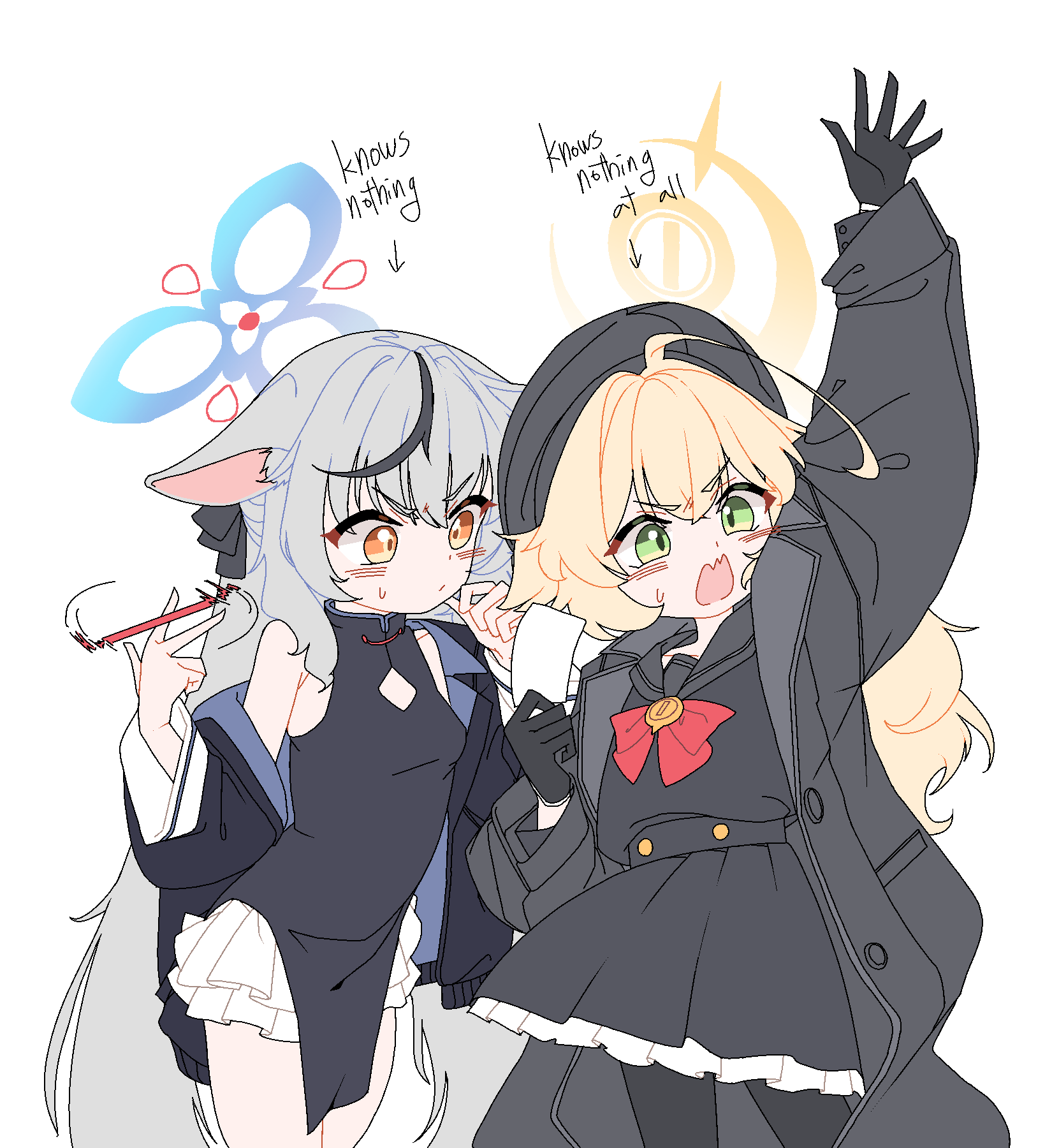 dthmns, kokona (blue archive), professor niyaniya (blue archive), blue archive, commentary, highres, korean commentary, animal ears, arm up, arrow (symbol), black coat, black dress, black gloves, black hair, black hat, black pantyhose, black shirt, black skirt, blonde hair, blue halo, closed mouth, coat, dress, english text, gloves, green eyes, grey hair, halo, hat, long hair, long sleeves, multicolored hair, open clothes, open coat, pantyhose, pelvic curtain, shirt, simple background, skirt, streaked hair, very long hair, white background, yellow eyes, yellow halo
