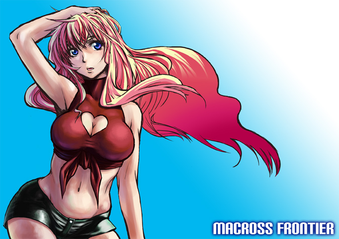 mura, mura (kiyohime), sheryl nome, macross, macross frontier, 00s, 1girl, breasts, cleavage, cleavage cutout, clothing cutout, female focus, heart, heart cutout, large breasts, long hair, midriff, multicolored hair, purple eyes, shorts, solo
