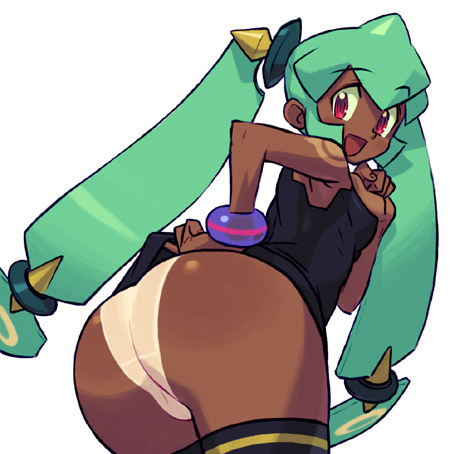 ishikawa hideki, sera(megaman), yuna (mega man), capcom, mega man (series), mega man legends (series), rockman dash 2, black legwear, lowres, 1girl, ass, ass focus, bent over, clothes lift, dark-skinned female, dark skin, dress, dress lift, female focus, green hair, lifting own clothes, long hair, presenting, red eyes, skin tight, solo