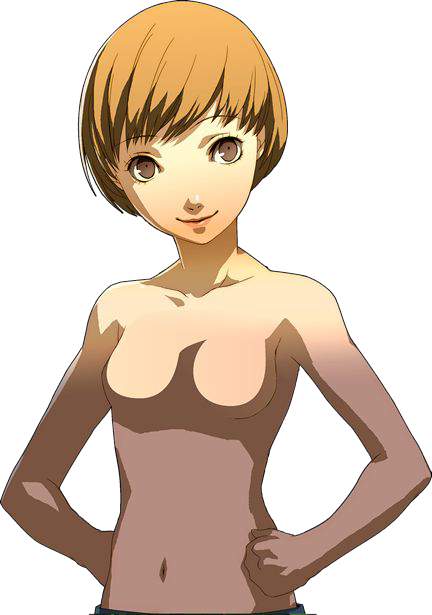 soejima shigenori, satonaka chie, atlus, persona, persona 4, official art, 1girl, breasts, brown eyes, brown hair, female focus, lipstick, makeup, navel, no nipples, nude, short hair, smile, solo, transparent background