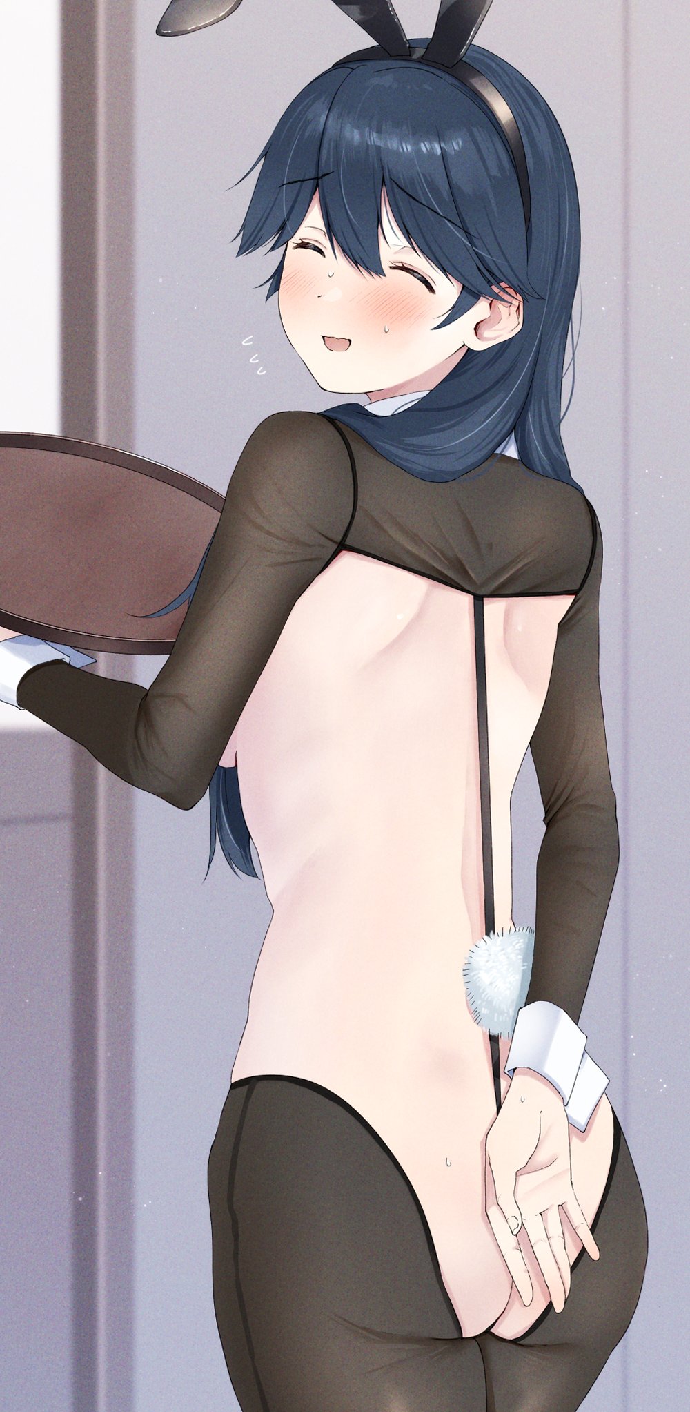 magai akashi, houshou (kancolle), kantai collection, commentary request, highres, 1girl, animal ears, arm behind back, ass, blue hair, blush, breasts, butt crack, closed eyes, covering ass, covering privates, fake animal ears, fake tail, flying sweatdrops, from behind, holding, holding tray, leotard, long hair, long sleeves, looking back, open mouth, pantyhose, playboy bunny, rabbit ears, rabbit tail, reverse bunnysuit, reverse outfit, solo, sweat, tail, tray