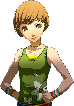soejima shigenori, satonaka chie, atlus, persona, persona 4, lowres, 1girl, female focus, official alternate costume, smile, solo, tank top, transparent background