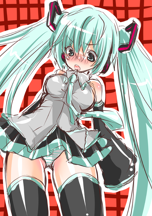 sara (pixiv118728), sara (uunyan), hatsune miku, vocaloid, 1girl, aqua hair, female focus, long hair, sketch, solo, thighhighs, twintails, very long hair