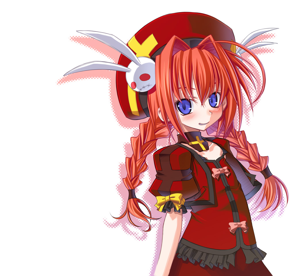 sakuya tsuitachi, vita (nanoha), lyrical nanoha, mahou shoujo lyrical nanoha, mahou shoujo lyrical nanoha a's, 00s, 1girl, beret, blue eyes, cross, cross print, dress, female focus, frills, hair ornament, hat, long hair, looking at viewer, puffy short sleeves, puffy sleeves, rabbit hair ornament, red dress, red hair, short sleeves, simple background, solo, twintails, white background