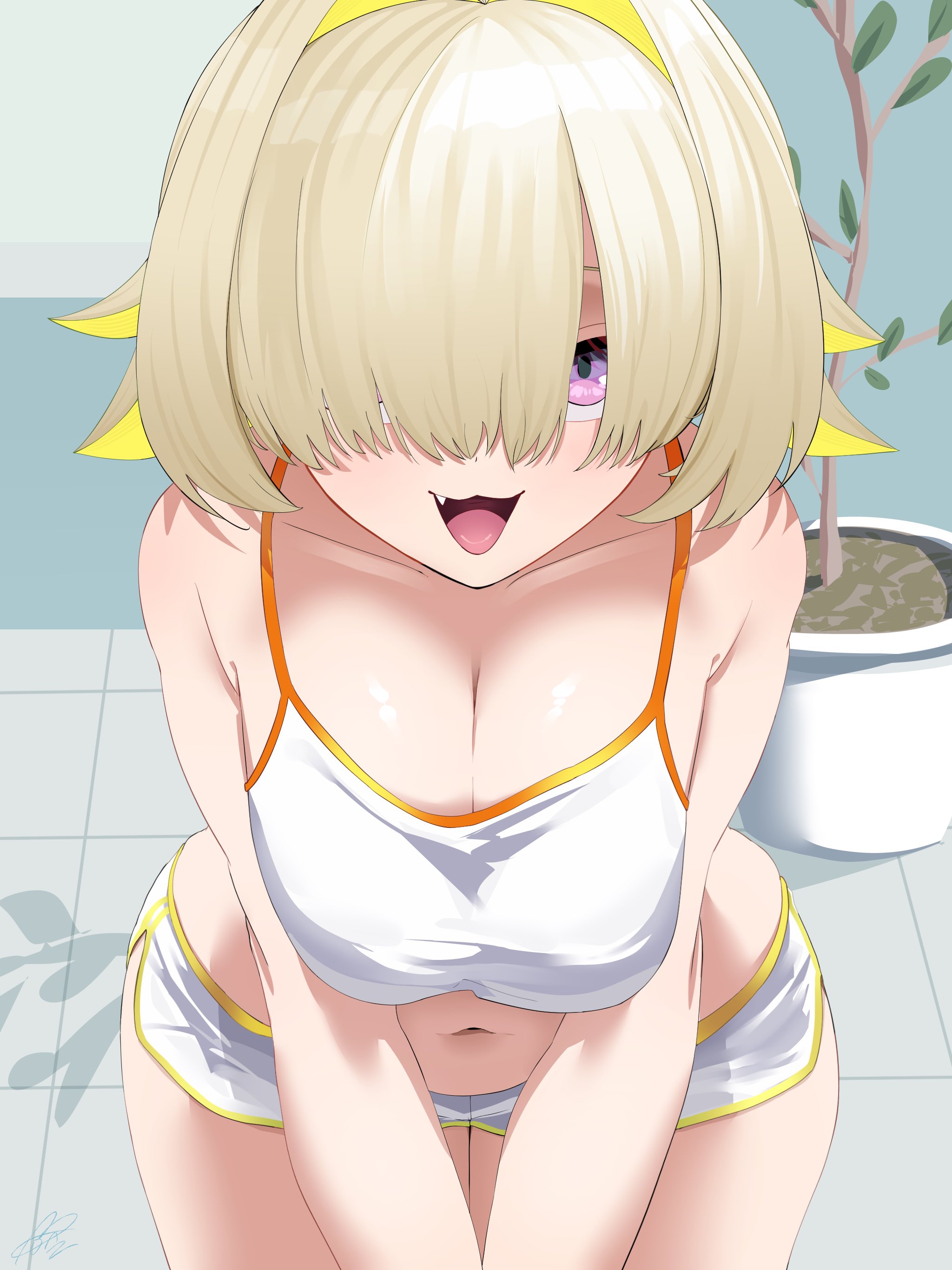 aobaryuu, elegg (nikke), goddess of victory: nikke, absurdres, highres, 1girl, blonde hair, breasts, breasts squeezed together, cleavage, collarbone, fang, hair over one eye, large breasts, navel, open mouth, plant, potted plant, purple eyes, short hair, short shorts, shorts, smile, solo, white shorts