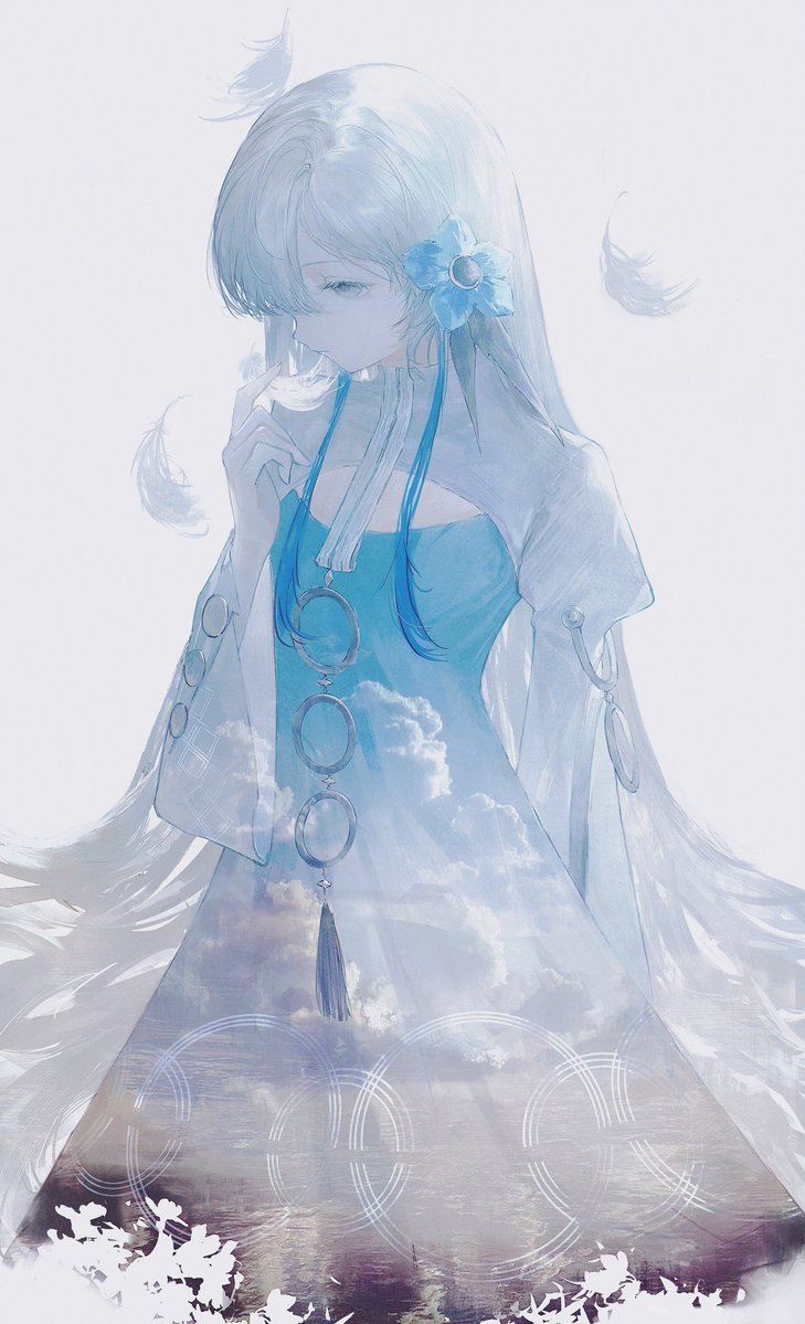 pkiiiiii, isekaijoucho, 1girl, blue dress, blue eyes, blue flower, blue hair, cloud, cloudy sky, dress, feathers, flower, grey eyes, grey hair, hair flower, hair ornament, hair over one eye, long hair, long sleeves, multicolored hair, sky, solo, very long hair, virtual youtuber, white dress, white hair