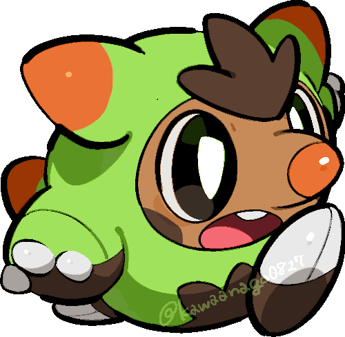 kawaanago, quilladin, nintendo, pokemon, commentary request, lowres, black eyes, bright pupils, chibi, chibi only, full body, gen 6 pokemon, no humans, open mouth, pokemon (creature), pokemon focus, solo, teeth, transparent background, twitter username, upper teeth only, white pupils