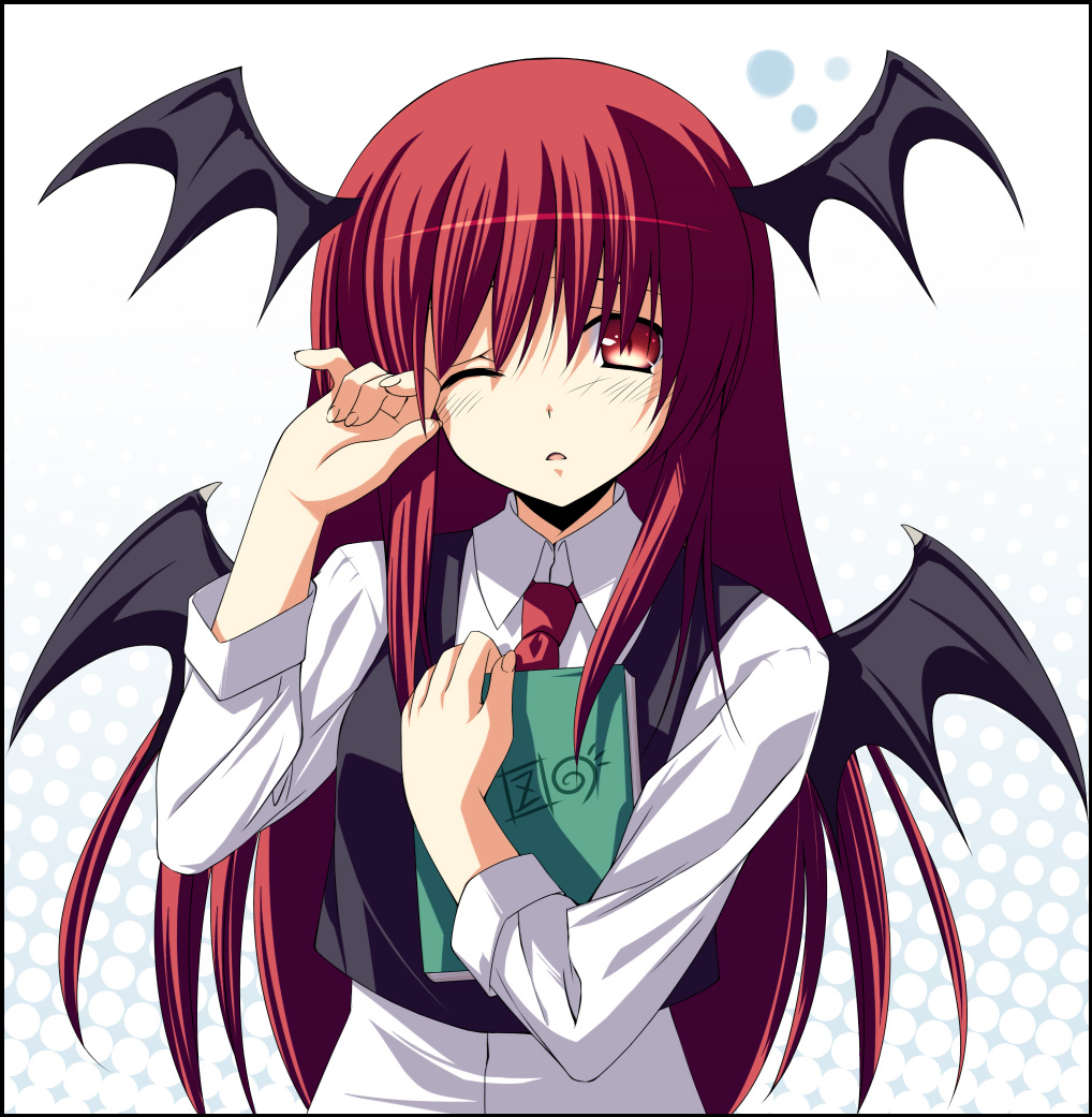 zinno, koakuma, embodiment of scarlet devil, touhou, 1girl, bat wings, book, demon girl, female focus, head wings, long hair, necktie, one eye closed, red eyes, red hair, red necktie, solo, sweater vest, vest, wings, wink