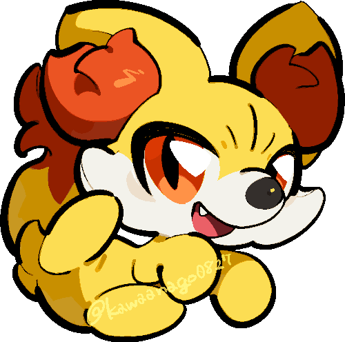 kawaanago, fennekin, nintendo, pokemon, commentary request, lowres, animal focus, chibi, chibi only, fang, full body, gen 6 pokemon, no humans, open mouth, orange eyes, pokemon (creature), pokemon focus, smile, solo, transparent background, twitter username